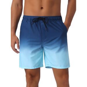 Gradient Color Drawstring Elastic Waist Summer Swimming Trunks Dark Blue
